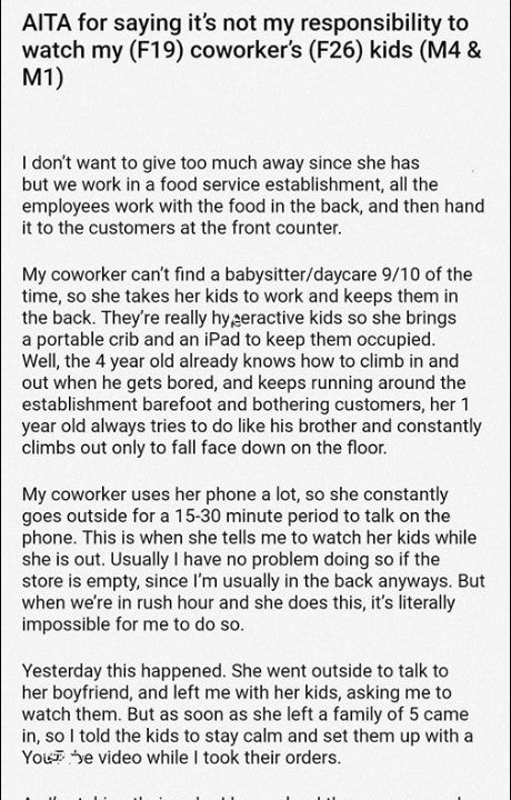AITA For Saying It’s Not Responsibility To Watch My f19 Coworker’s f26 Kids